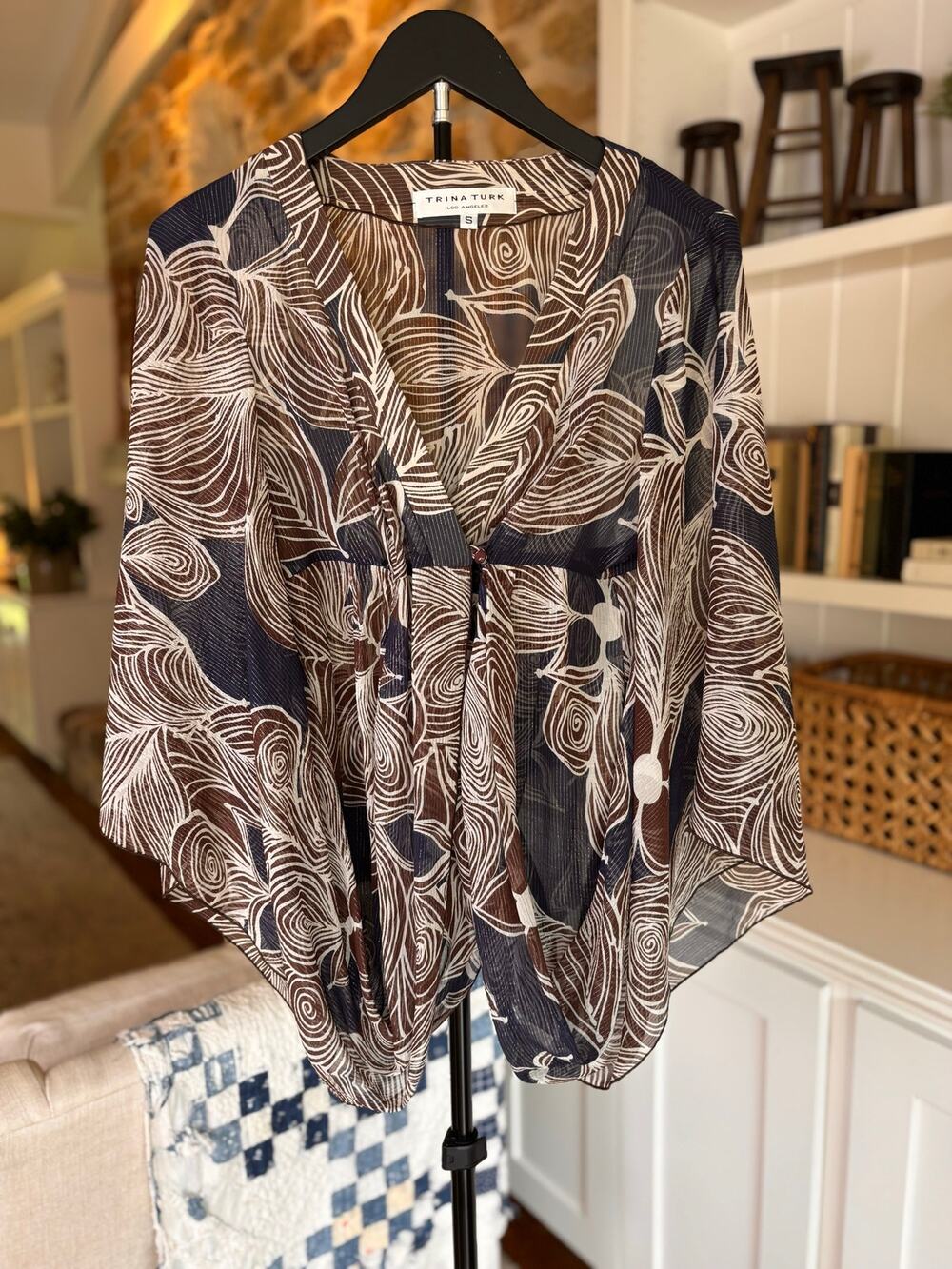 🦚 Trina Turk Sheer Kimono Top | Size S | Navy Brown Print